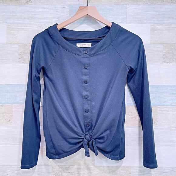 ABERCROMBIE KIDS Stretchy Ribbed Tie Front Button Down Shirt Blue Girls 13 14 - Picture 1 of 5